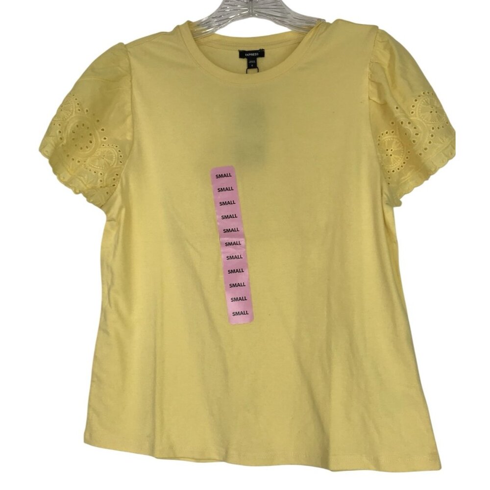 Express Womens Eyelet Short Sleeve Yellow Top Blouse Shirt Size Small